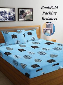 ARRABI - Blue Leaf Cotton Blend Book Fold Bedsheet With 2 Pillow Covers (Super King)