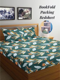 ARRABI - Green Leaf Cotton Blend Book Fold Bedsheet With 2 Pillow Covers (King)