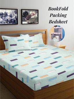 ARRABI - Green Geometric Cotton Blend Book Fold Bedsheet With 2 Pillow Covers (King)