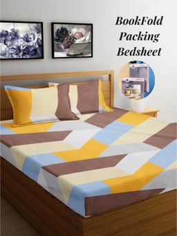 ARRABI - Multi-Color Geometric Cotton Blend Book Fold Bedsheet With 2 Pillow Covers (King)