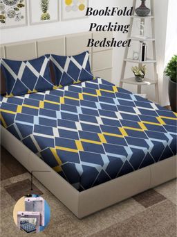 ARRABI - Grey Geometric Cotton Blend Book Fold Bedsheet With 2 Pillow Covers (King)