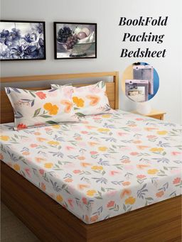 ARRABI - Multi-Color Floral Cotton Blend Book Fold Bedsheet With 2 Pillow Covers (King)