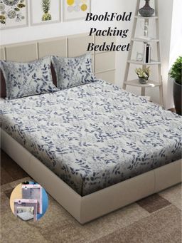 ARRABI - Cream Floral Cotton Blend Book Fold Bedsheet With 2 Pillow Covers (King)