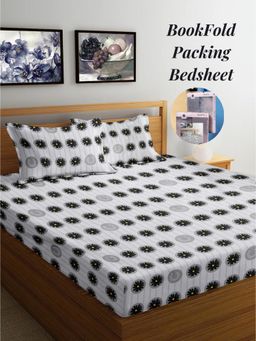 ARRABI - Grey Floral Cotton Blend Book Fold Bedsheet With 2 Pillow Covers (Super King)