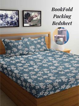 ARRABI - Blue Floral Cotton Blend Book Fold Bedsheet With 2 Pillow Covers (Super King)