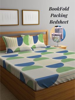 ARRABI - Multi-Color Geometric Cotton Blend Book Fold Bedsheet With 2 Pillow Covers (King)
