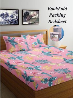 ARRABI - Pink Floral Cotton Blend Book Fold Bedsheet With 2 Pillow Covers (King)