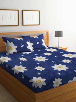 ARRABI - Blue Floral Cotton Blend Bedsheet With 2 Pillow Covers (King)
