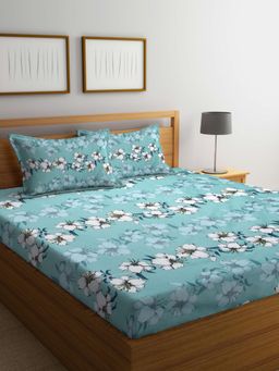 ARRABI - Green Floral Cotton Blend Bedsheet With 2 Pillow Covers (King)