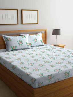 ARRABI - Grey Floral Cotton Blend Bedsheet With 2 Pillow Covers (King)