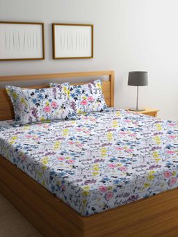 ARRABI - White Floral Cotton Blend Bedsheet With 2 Pillow Covers (King)