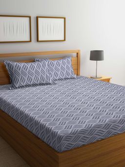 ARRABI - Grey Graphic Cotton Blend Bedsheet With 2 Pillow Covers (King)