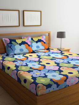 ARRABI - Multi Floral Cotton Blend Bedsheet With 2 Pillow Covers (King)