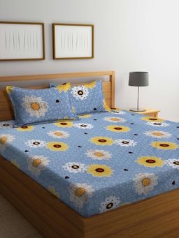 ARRABI - Grey Floral Cotton Blend Bedsheet With 2 Pillow Covers (King)
