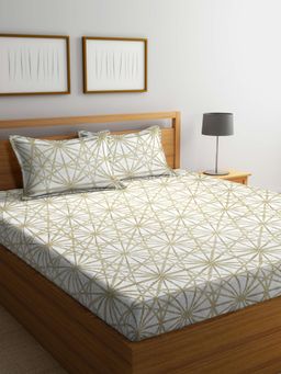 ARRABI - Beige Graphic Cotton Blend Bedsheet With 2 Pillow Covers (King)