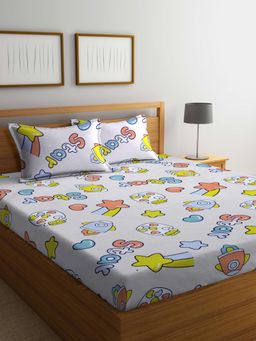 ARRABI - Beige Graphic Cotton Blend Bedsheet With 2 Pillow Covers (King)