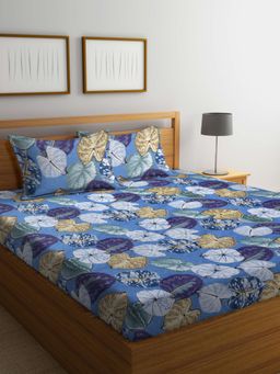 ARRABI - Blue Leaf Cotton Blend Super Bedsheet With 2 Pillow Covers (Super King)