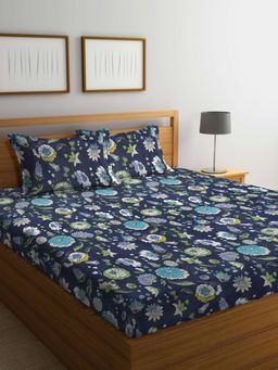 ARRABI - Grey Floral Cotton Blend Bedsheet With 2 Pillow Covers (Super King)