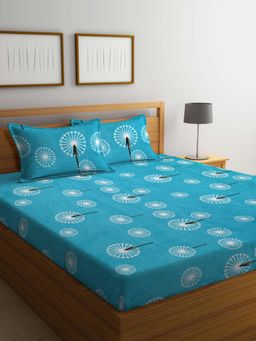ARRABI - Blue Indian Cotton Blend Bedsheet With 2 Pillow Covers (Super King)