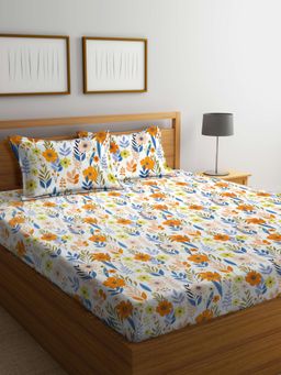 ARRABI - Cream Floral Cotton Blend Bedsheet With 2 Pillow Covers (Super King)