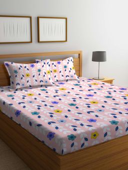 ARRABI - Pink Leaf Cotton Blend Bedsheet With 2 Pillow Covers (Super King)