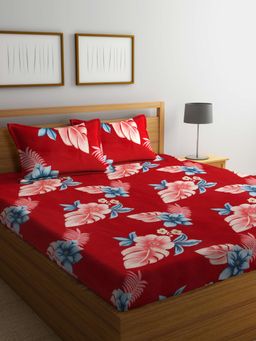 ARRABI - Red Floral Cotton Blend Bedsheet With 2 Pillow Covers (King)