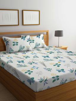 ARRABI - White Floral Cotton Blend Bedsheet With 2 Pillow Covers (King)
