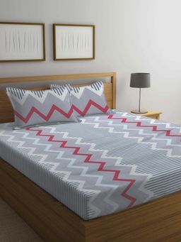 ARRABI - Grey Geometric Cotton Blend Bedsheet With 2 Pillow Covers (King)