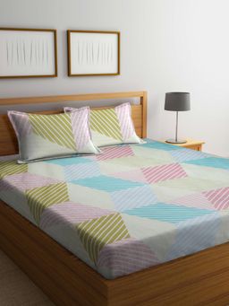 ARRABI - Multi Geometric Cotton Blend Bedsheet With 2 Pillow Covers (King)