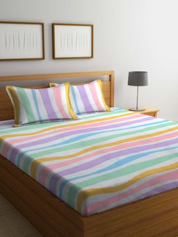 ARRABI - Multi Stripes Cotton Blend Bedsheet With 2 Pillow Covers (King)