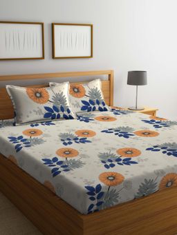 ARRABI - Cream Floral Cotton Blend Bedsheet With 2 Pillow Covers (King)