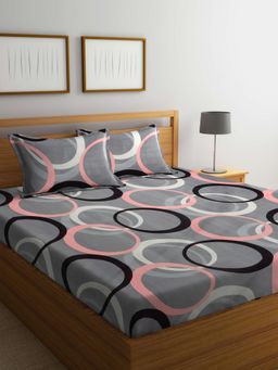 ARRABI - Grey Geometric Cotton Blend Bedsheet With 2 Pillow Covers (King)
