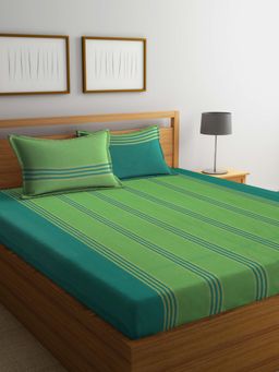 ARRABI - Green Stripes Handwoven Cotton Bedsheet With 2 Pillow Covers (King)