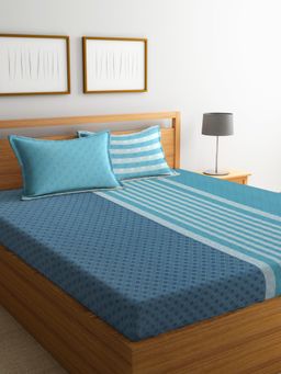ARRABI - Blue Stripes Handwoven Cotton Bedsheet With 2 Pillow Covers (King)