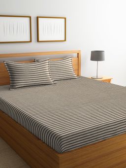 ARRABI - Beige Stripes Handwoven Cotton Bedsheet With 2 Pillow Covers (King)