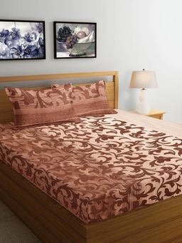 ARRABI - Brown Leaf Cotton Blend Bedsheet With 2 Pillow Covers (King)