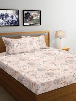 ARRABI - Beige Floral Cotton Blend Bedsheet With 2 Pillow Covers (King)