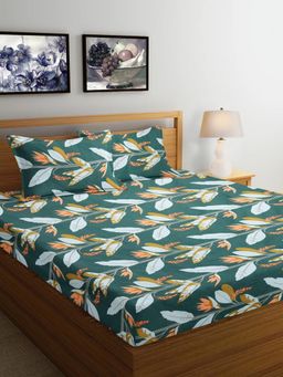 ARRABI - Green Leaf Cotton Blend Bedsheet With 2 Pillow Covers (King)