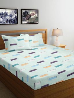 ARRABI - Green Geometric Cotton Blend Bedsheet With 2 Pillow Covers (King)