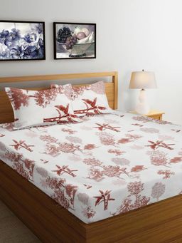 ARRABI - Cream Leaf Cotton Blend Bedsheet With 2 Pillow Covers (King)