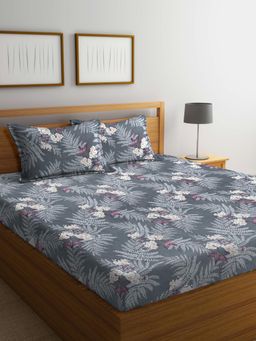 ARRABI - Grey Floral Cotton Blend Super Bedsheet With 2 Pillow Covers (Super King)
