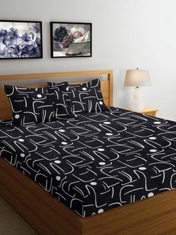 ARRABI - Black Geometric Cotton Blend Super Bedsheet With 2 Pillow Covers (Super King)
