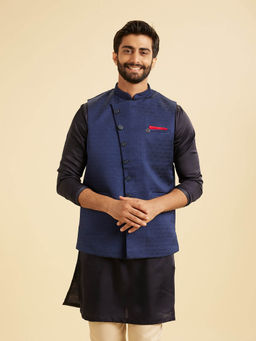 Manyavar - Blue Self Design Regular Fit Nehru Jacket