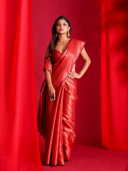 Beatitude - Red Woven Banarasi Saree with Unstitched Blouse