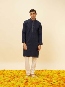 Twamev - Men Navy Blue Embroidered Kurta with Churidar (Set of 2)