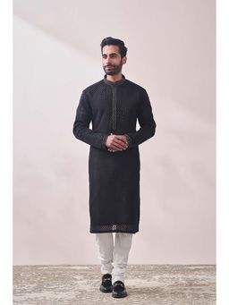 Twamev - Men Black Embroidered Kurta with Churidar (Set of 2)