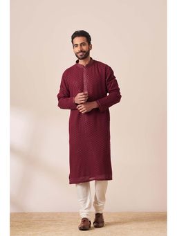 Twamev - Men Wine Embroidered Kurta with Churidar (Set of 2)