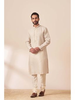 Twamev - Men Beige Embroidered Kurta with Churidar (Set of 2)