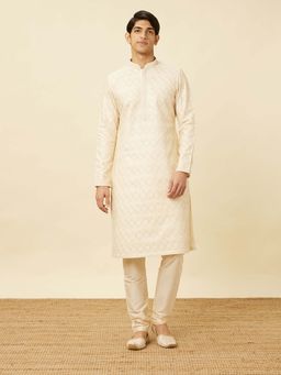 Twamev - Men Cream Embroidered Kurta with Churidar (Set of 2)