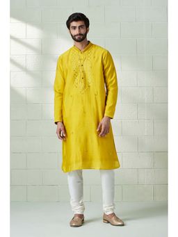 Twamev - Men Yellow Embroidered Kurta with Churidar (Set of 2)